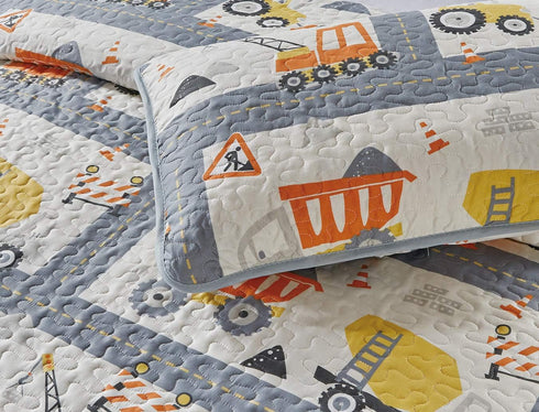 Linen Plus Set Bedspread Kids/Teens Construction Crane Vehicles Work Trucks Cement Tractor Concrete Mixer White Grey