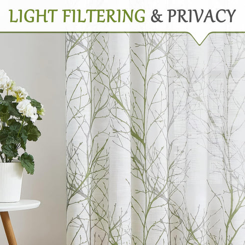 FMFUNCTEX Linen Semi Sheer Curtains, Sage Green White, 54 Inches Long for Living Room, Grommet Top 2 Panels
