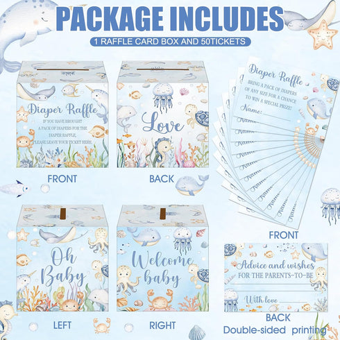 51 Teling Pieces Diaper Raffle Tickets with Card Box Baby Shower Decorations Baby Shower Holder Box for Girl Boy Diaper