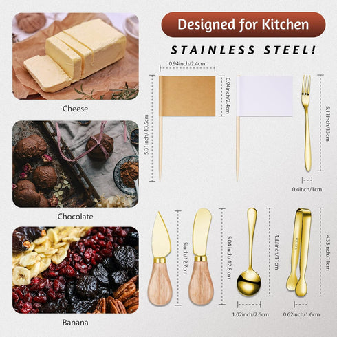 Charcuterie Board Accessories Spreader Knife Set Cheese Butter Spreader Knife Charcuterie Utensils with Wooden Handles Mini Serving Tongs Spoons Forks for party Wedding Christmas (Gold, 18 Pieces) by Patelai