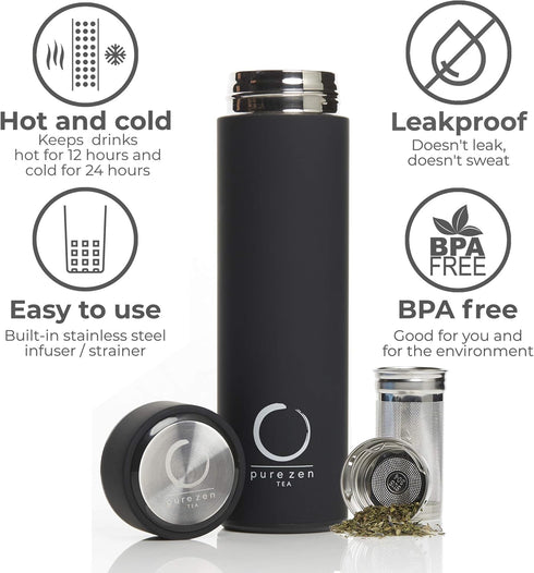 Pure Zen Tea Thermos with Infuser, Stainless Steel Leakproof Travel Mug for Hot and Cold Infusions, 15oz Black
