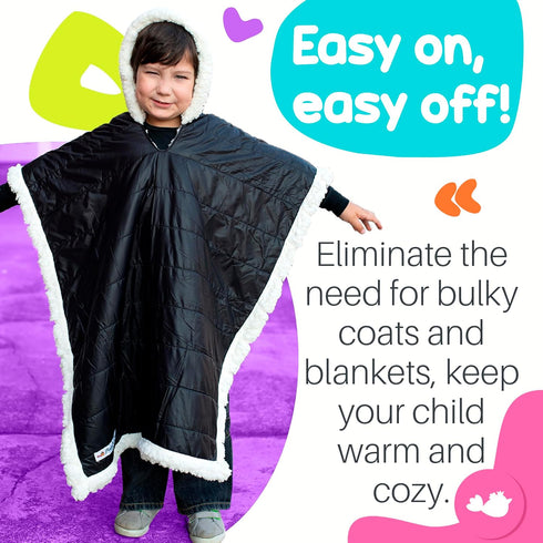 Birdy Boutique Car Seat Poncho for Kids, Reversible Warm Blanket, Safe Over Seat Belts, Black, One Size