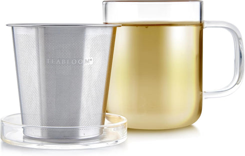 Teabloom Premium Borosilicate Glass Mug with Stainless Steel Loose Leaf Tea Infuser and Lid/Dish - 8 Ounces (240 mL) by Teabloom
