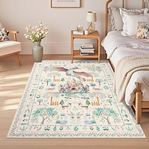 4x6ft, nesrt Dragon Area Rugs for Living Room Beige Animal Print Kids Bedroom Washable Rugs Non Slip, Botanical Forest