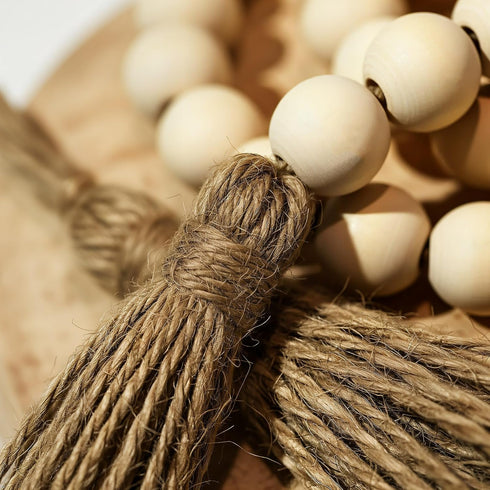WIWUE GUO 59in Farmhouse Beads, Wood Bead Garland with Tassels, Bookshelf Decor for Tiered Tray, Decorative Tassel