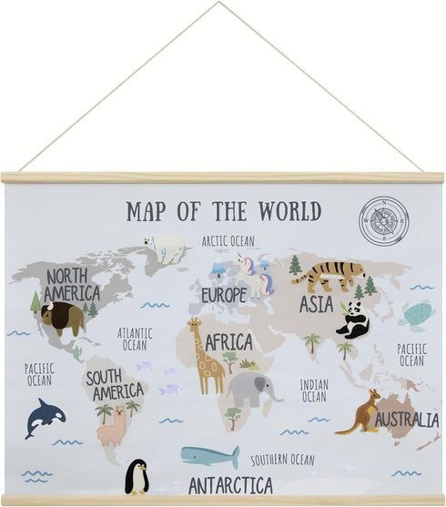 Extra Large World Map Poster for Kids Embroidered 32x24 Canvas Wall Hanging