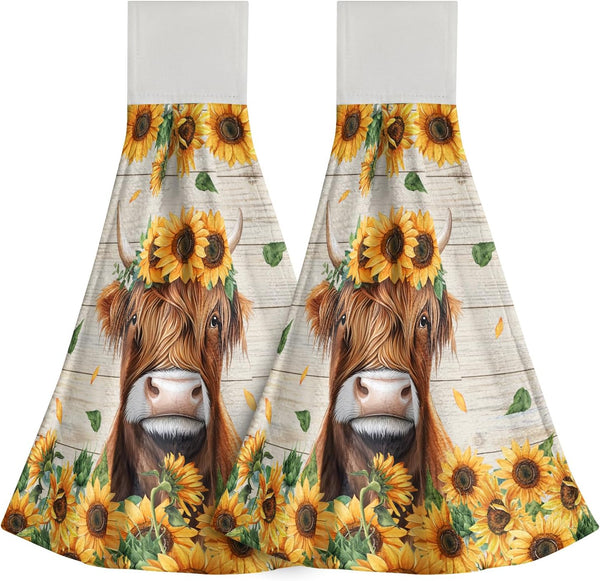 Giwawa Highland Cow Kitchen Hanging Towel Set of 2, Summer Sunflower Cattle