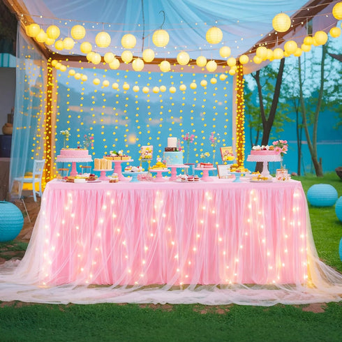 14FT Pink Tulle Table Skirt for Rectangle or Round Tables Ruffle Tulle Tutu Cloth Desk Table Skirt with LED Lights