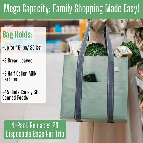 VENO 4 Pack 4 Pack) Reusable Grocery Bags, Heavy-Duty Shopping Bags with Handles, Bags for Shopping Cart with Hard