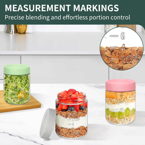 6-Pack 16oz Xyptorix Overnight Oats Containers with Airtight Lids - Glass Mason Jars with Measurement Marks for Yogurt