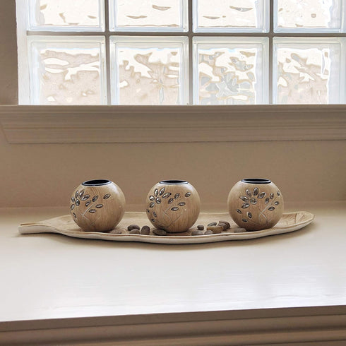 allgala Wooden Candle Holder Tray, 3 Ball Orbs Set with Pebbles on Leaf Tray for Living Room D cor