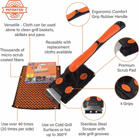 Set Proud Grill Q-Swiper XL Scrub-Clean BBQ Grill Cleaner - Long Bristle-Free Brush with Scraper & Scrub-Clean Reusable