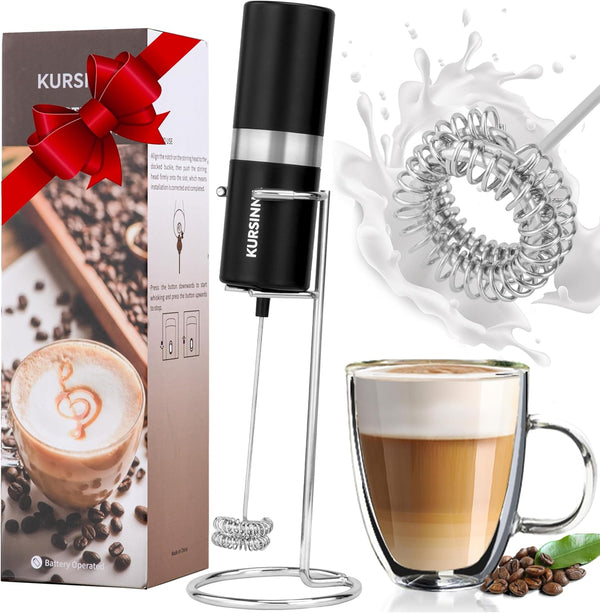 Powerful Handheld Milk Frother, Battery Operated Double Whisk Foam Maker with Stainless Steel Stand, Drink Mixer for