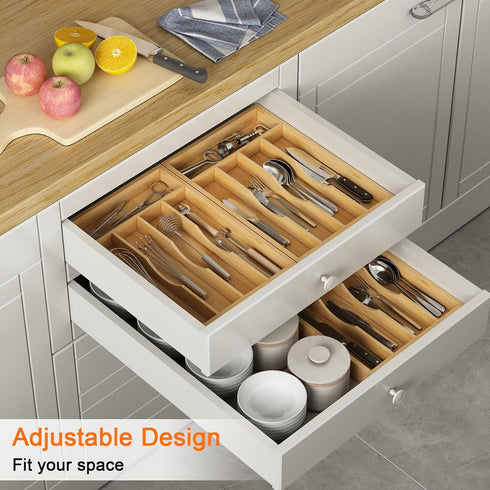 Utensil Organizer Bamboo for Kitchen Drawers, Cutlery Tray and Silverware Holder, Wood Drawer Dividers with 5 Slots