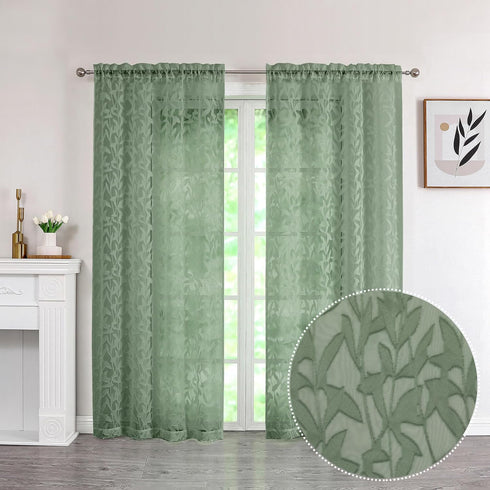 Leia 72 Inch Sheer Curtains Sage Green Panels Set of 2, Double Rod Pocket Window Living Room Curtain with Leaves, Light