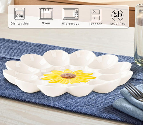 YU&CH Ceramic Sunflower Deviled Egg Tray - White Egg Platter For Party