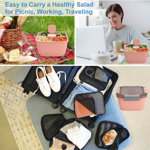 Freshmage Salad Lunch Container To Go, 2 Packs 52-oz Bowls with 3 Compartments for Salad Toppings