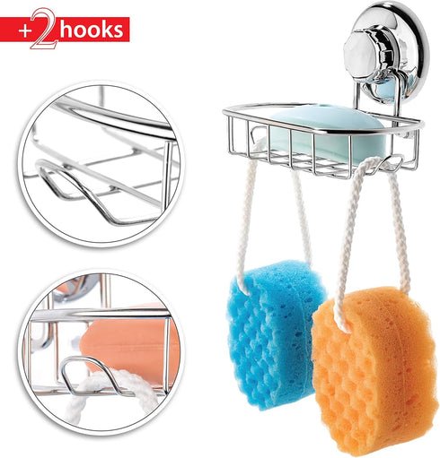 HASKO Suction Soap Dish with Hooks, Powerful Vacuum Suction Cup Soap Holder for Bathroom & Kitchen