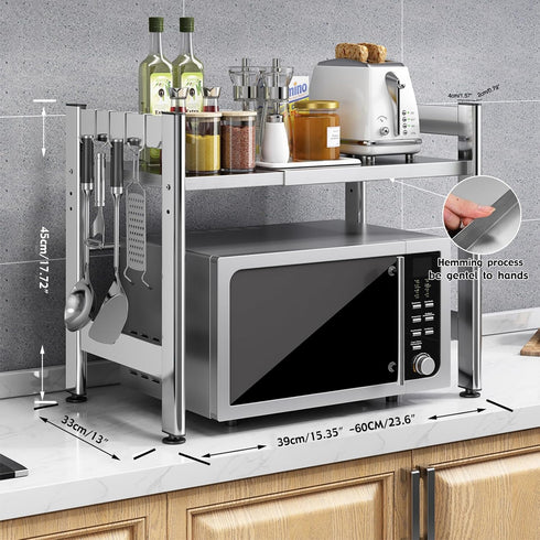 Extendable Adjustable Microwave Oven Rack, 2-Tier Stainless Steel Kitchen Counter Shelf with 4 Hooks