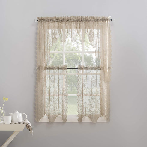 No. 918 Alison-Tr Floral Lace Sheer Rod Pocket Kitchen Curtain - Tier Pair, 58" x 36", Stone