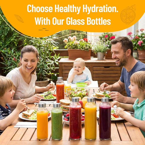 18 oz, 100% Set 3 Luxfuel Clear Glass Bottles with Lids Reusable Glass Water Bottles with Stainless Steel Cap