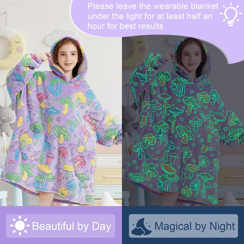 6-13YR Fiosnow Glow in the Dark Mushroom Blanket Hoodies for Kids Oversize Wearable Blanket Hoodies for Boys Girls