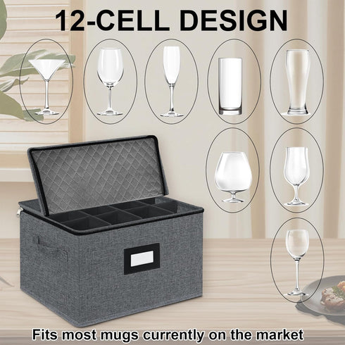 Stemware Storage Cases, Quilted Glassware Storage with Dividers for 12 Red Wine Glasses, Stackable Dark Gray