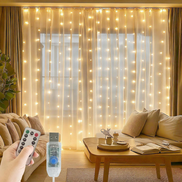 Patioman Fairy Curtain Lights, 200 LED Upgraded Tangle-Free Hanging Lights with Remote, USB