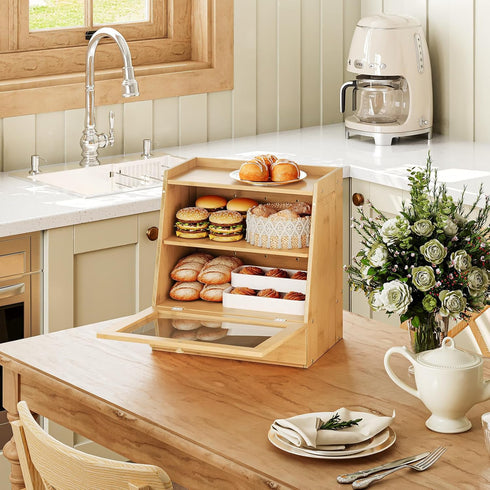 2-Tier Countertop YL21MB01 HOOBRO Bread Box, Bamboo Bread Box Storage Container with Drawer, Kitchen Food Storage Box