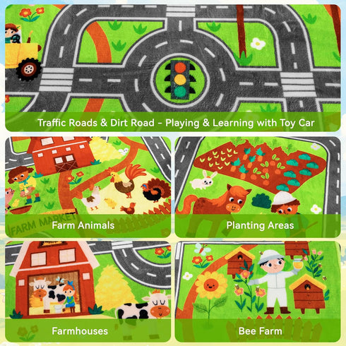 Mfmiudole 39.4" 59" Tummy Kids Rug Play Mat for Toy Cars, Farm Life Road Traffic for Playroom Kids Car Road Rugs