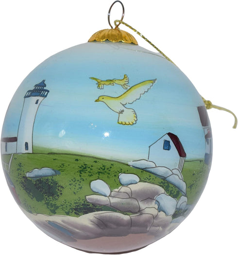 Blown Glass Christmas Ornament | Nubble Lighthouse Maine | Hand Painted Inside with Gift Box
