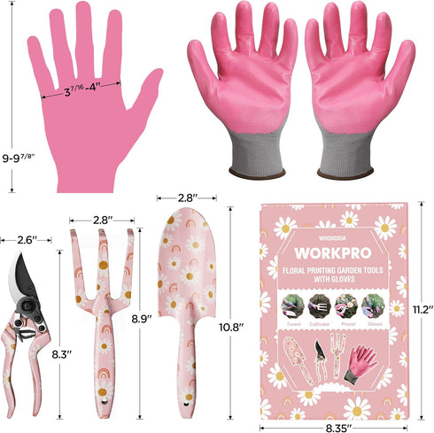 WORKPRO Aluminum Garden Tool Set, 4PCS Heavy Duty Hand Tools with Box, Trowel, Rake, Pruner, Gloves, Pink