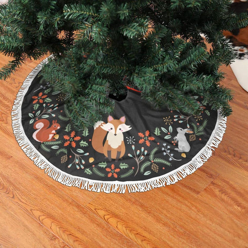 Forest Wreath Christmas Tree Skirt, Gorgeous Edge Tassel Lace for 36" Xmas Ornaments Decoration, Fox Design