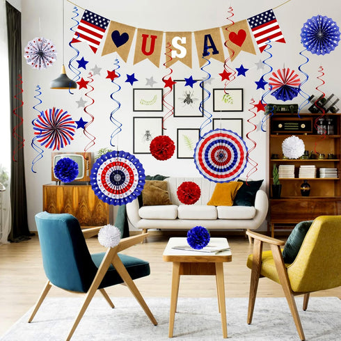 26Pcs 4th Patriotic Decorations of July Decorations LOVE USA Banner Red White Blue Paper Fans Star Streamer Pom Poms