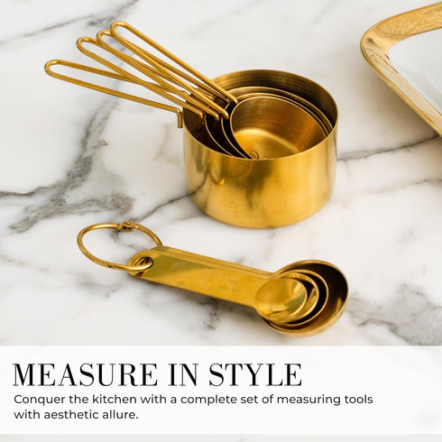 STYLED SETTINGS 8-Piece Gold Measuring Cups and Spoons Set, Stackable Brass Kitchen Accessories for Baking