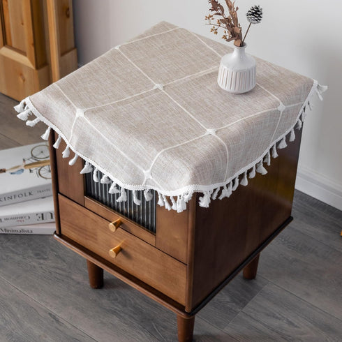 Kunxufi 24 Inch Farmhouse Small Round Brown Waterproof Tablecloth Heavy Weight Cotton Linen Table Cloth with Tassels