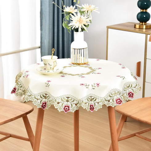 Wolkemer Jacquard Small Round Tablecloth Vintage Floral Embroidered Lace Beige Table Cover