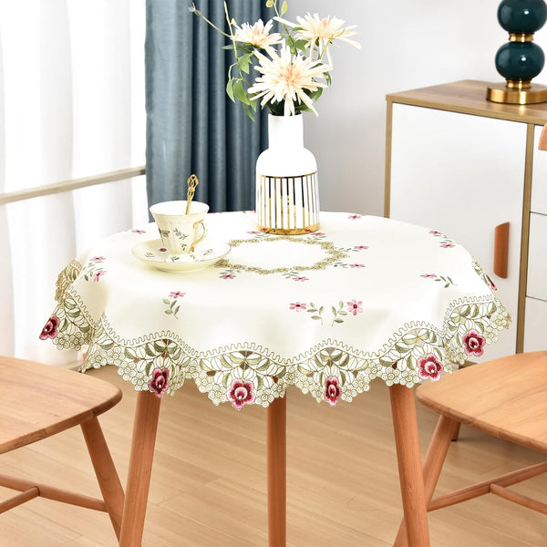 Wolkemer Jacquard Small Round Tablecloth Vintage Floral Embroidered Lace Beige Table Cover