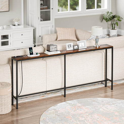 Nouva 70 Inch Narrow Console Table with Outlet, Sofa Table with Charging Station, Behind Couch Table with Metal Frame