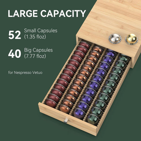 Premium Bamboo Coffee Pod Drawer for Nespresso Vertuo Capsules (NV140), Holds 40 Big or 52 Small Vertuoline Pods