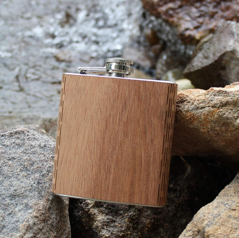WUDN 6 oz. Wooden Hip Flask, Stainless Steel Body, Sawtooth Mountains Walnut Sky