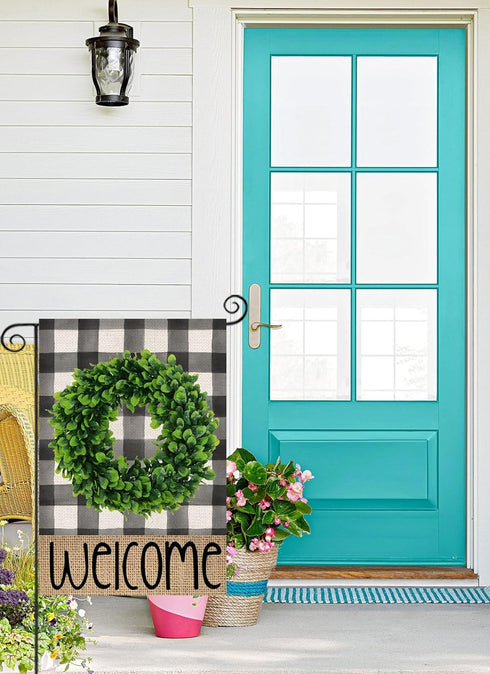 Welcome Summer Garden Flag for Outside - Buffalo Plaid Boxwood Wreath Small Yard Flag, 12x18 Double Sided