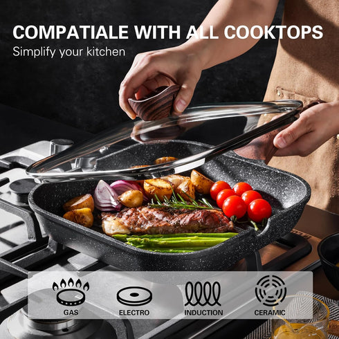 Nonstick 11 Inch Square Grilling Pan with Lid for Stove Tops, Granite Coating Grill Skillet for Indoor Cooking, PFOA