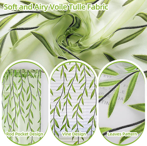 Green Sheer Curtains 108 Inches Long - Vine Leaf Patterned Curtains, 2 Panels for Living Room, Bedroom