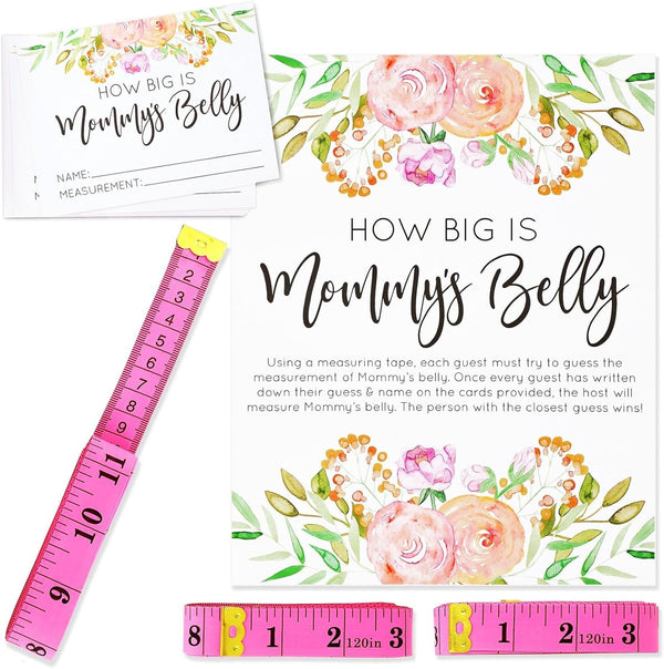 Sparkle and Bash Baby Shower Measuring Game, Pink 28-Piece Set with Guess Cards, Tapes & Sign for Moms