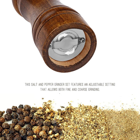 8 Inch Oak Wooden Pepper Mill Grinder - Refillable with Adjustable Coarse to Fine (1 Pack)