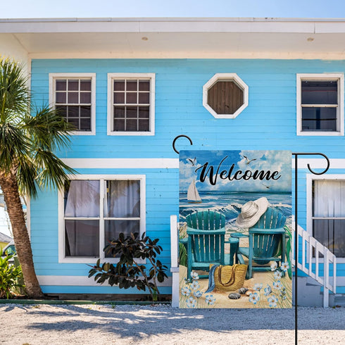 Welcome Summer Blue Sea Ocean Chairs, Myosotis Sylvatica Flower Beach Garden Flag, Tropical Outdoor Decor for Yard