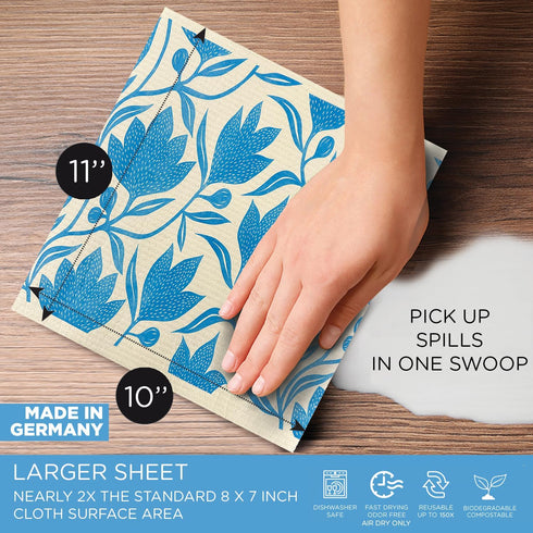 30 11" 10" LOLA Swedish Dishcloths XL on a Roll, Sheets, Floral Pattern, Perforated Tear-Off x Sheets w/Hook, Reusable