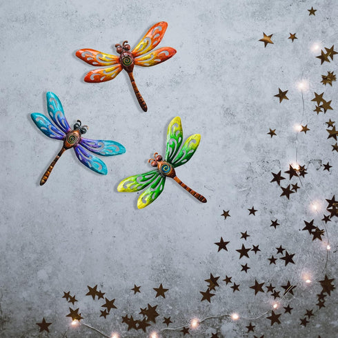 wotieuns 3 Set Metal Dragonfly Wall Decoration, Outdoor Art for Garden Fence, Living Room, and Porch