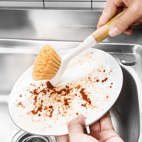 2 Pack Kitchen Dish Brushes with Bamboo Handle, Dish Scrubber Built-in Scraper, Scrub Brush for Pans, Pots, Counter & Kitchen Sink Cleaning, Dishwashing and Cleaning Brush Tools, White by FunCee